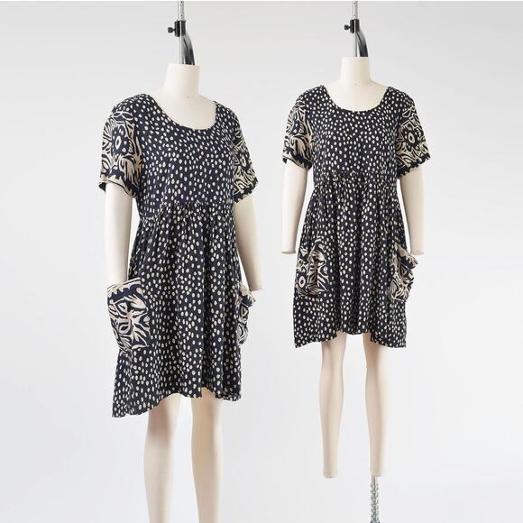 Vintage Dresses & Skirts - Vintage 90s Black Beige Polka Dot Boho Babydoll Dress with Pockets size S M